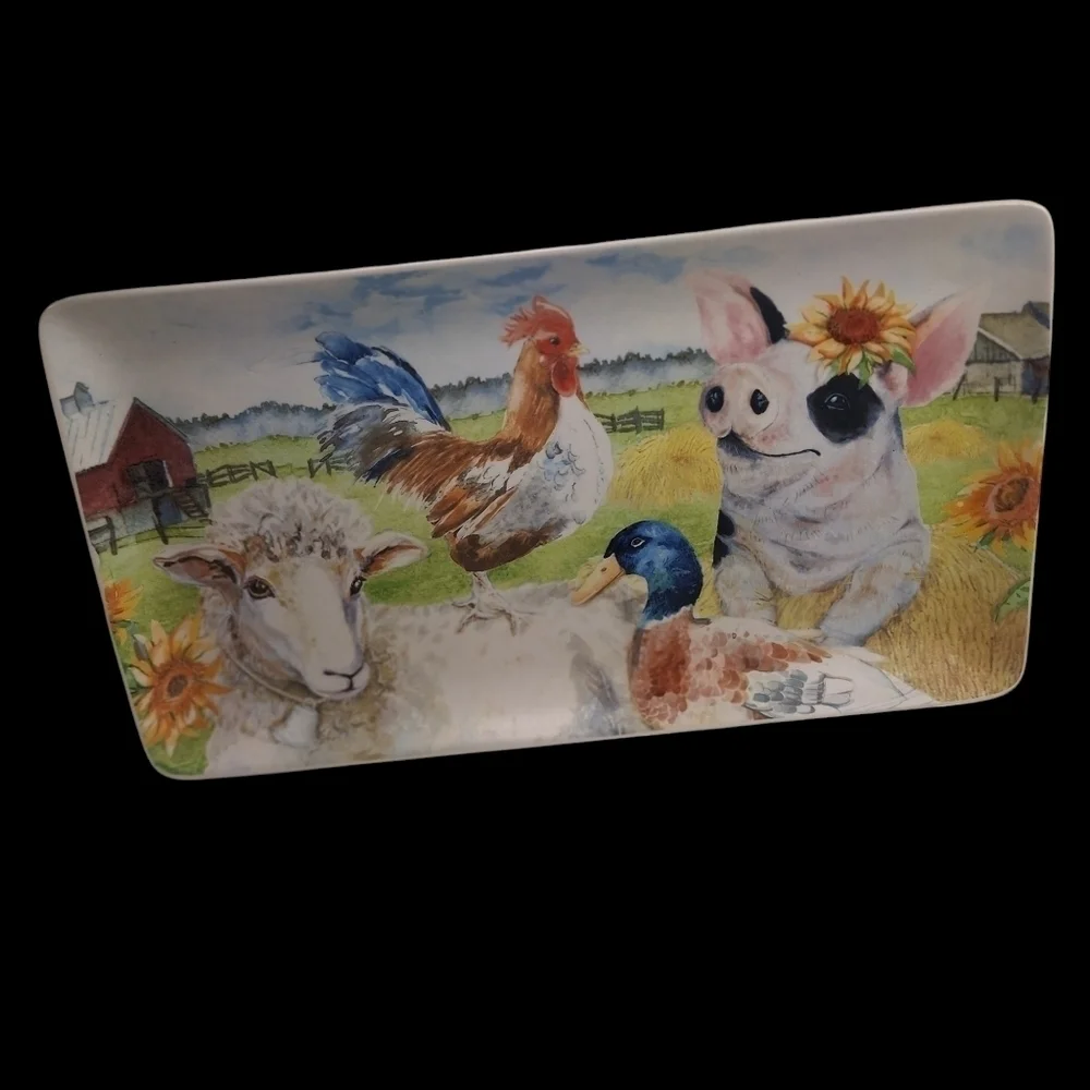 Pier 1 Imports Farm Animals Platter Rectangular Pig/Lamb/Duck/Chicken